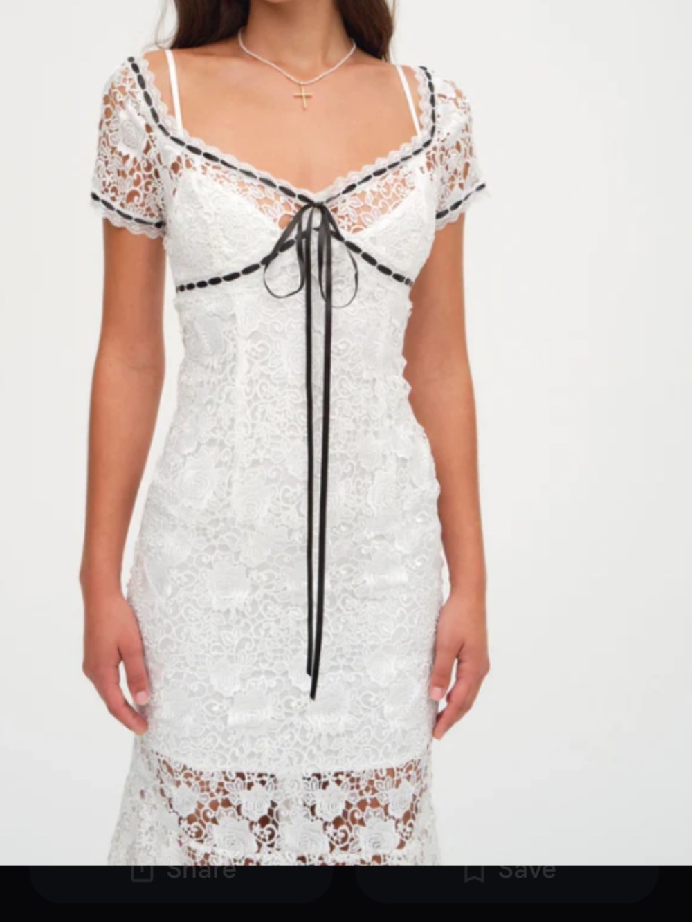 For Love & Lemons White Lace Midi Dress with Black Trim and Ribbon